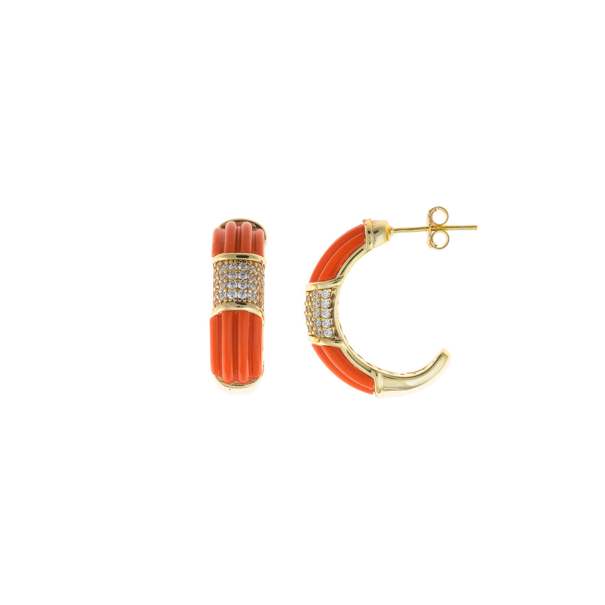 Pendientes Azure naranja de medio aro esmaltado con resina y circonitas - Alma de Plata