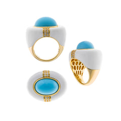 Anillo Azure Oval dorado con piedra turquesa y caña estriada - Alma de Plata