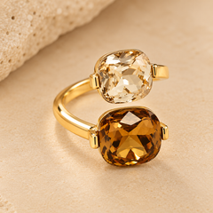 Pack Iris de anillo y pendientes con baño de oro, piedras ámbar y champagne