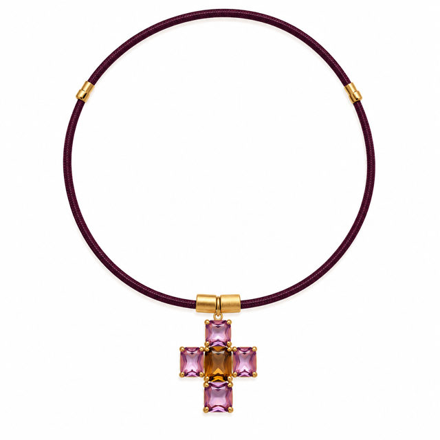 Collar Imantado Esenza Maxi con cruz grande de cristal y bolitas doradas - Alma de Plata