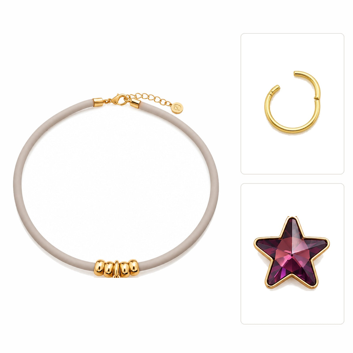 Collar Caucho, anilla desmontable y Charm Estrella Astral Maxi - Alma de Plata