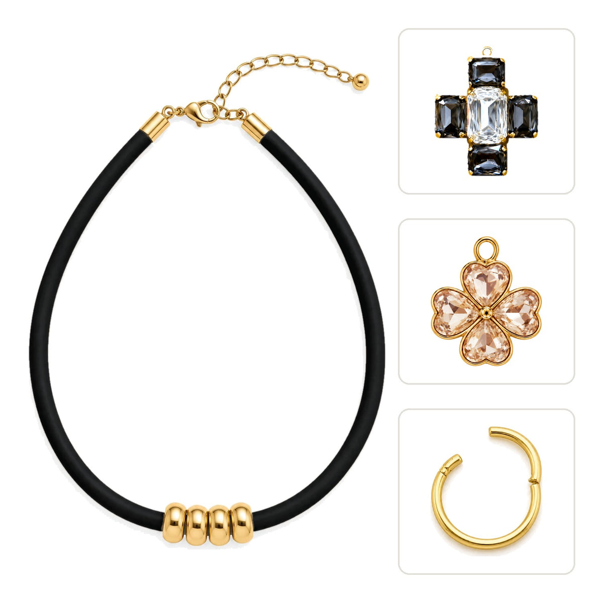 PACK COLLAR CAUCHO + CRUZ ESENZA + CHARM TRÉBOL